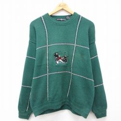 【20%OFF】M★古着 長袖 セーター メンズ ゴルフ 刺繍 クルーネック 緑他 グリーン 25jan10 中古 ニット トップス