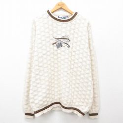 【50%OFF】XL★古着 長袖 セーター メンズ 90年代 90s 魚 刺繍 コットン クルーネック USA製 生成り他 25jan10 中古 ニット トップス