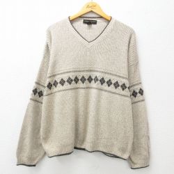 【50%OFF】XL★古着 長袖 セーター メンズ 90年代 90s アーガイル Vネック USA製 ベージュ カーキ 霜降り 25jan10 中古 ニット トップス