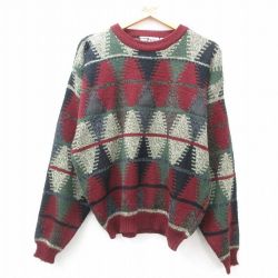 L★古着 長袖 セーター メンズ 90年代 90s レザー使用 アクリル クルーネック エンジ他 25jan10 中古 ニット トップス