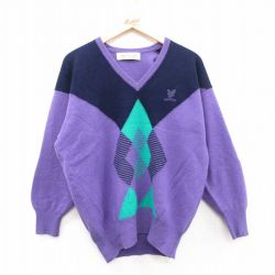 【50%OFF】L★古着 長袖 セーター メンズ 90年代 90s Lyle&Scott ラムウール Vネック スコットランド製 紫 パープル 25jan10 中古 ニット トップス