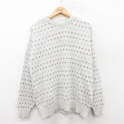 【50%OFF】L★古着 長袖 セーター メンズ バーズアイ クルーネック 薄グレー 25jan11 中古 ニット トップス