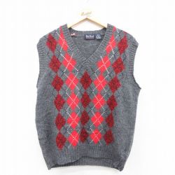 L★古着 Par Four ニット ベスト メンズ 90年代 90s アーガイル ウール Vネック グレー 25jan11 中古 トップス