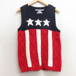 S★古着 トミーヒルフィガー TOMMY HILFIGER ブランド ケーブル ニット ベスト メンズ 星条旗 コットン クルーネック 赤他 レッド 25jan11 中古 トップス
