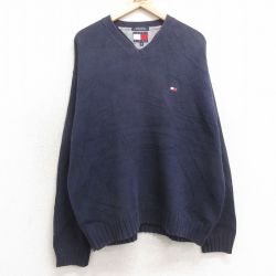 【50%OFF】XL★古着 トミーヒルフィガー TOMMY HILFIGER 長袖 ブランド セーター メンズ 90年代 90s ワンポイントロゴ 大きいサイズ コットン Vネック 紺 ネイビー 25jan11 中古 ニット トップス