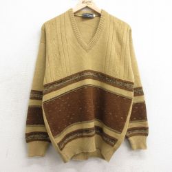 【50%OFF】M★古着 長袖 セーター メンズ 90年代 90s Vネック ベージュ系他 カーキ 25jan15 中古 ニット トップス