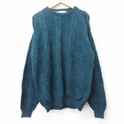 【50%OFF】XL★古着 長袖 セーター メンズ 90年代 90s 大きいサイズ コットン クルーネック USA製 濃緑 グリーン 25jan15 中古 ニット トップス