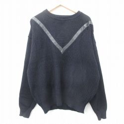 L★古着 長袖 セーター メンズ 90年代 90s レザー使用 クルーネック 黒 ブラック 25jan16 中古 ニット トップス
