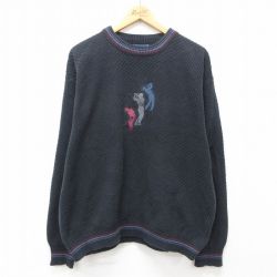 XL★古着 長袖 セーター メンズ 90年代 90s ゴルフ 刺繍 大きいサイズ コットン クルーネック USA製 黒他 ブラック 25jan17 中古 ニット トップス