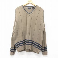 【50%OFF】L★古着 長袖 セーター メンズ 90年代 90s コットン Vネック 濃ベージュ他 カーキ 25jan21 中古 ニット トップス