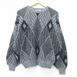 【50%OFF】XL★古着 長袖 セーター メンズ 90年代 90s アクリル クルーネック 黒他 ブラック 25jan24 中古 ニット トップス