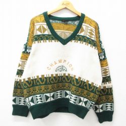 【50%OFF】XL★古着 長袖 セーター メンズ 00年代 00s CHAMPION 刺繍 Vネック 緑他 グリーン 25jan27 中古 ニット トップス