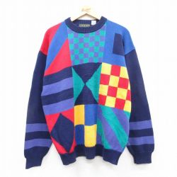 XL★古着 長袖 セーター メンズ 00年代 00s コットン クルーネック 紺他 ネイビー 25feb04 中古 ニット トップス