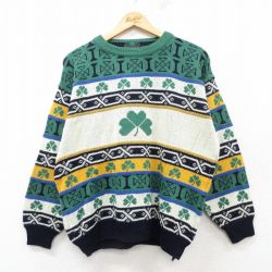 【50%OFF】L★古着 長袖 セーター メンズ 90年代 90s クローバー アクリル クルーネック アイルランド製 緑他 グリーン 25feb04 中古 ニット トップス