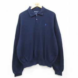 XL★古着 ラルフローレン Ralph Lauren ゴルフ 長袖 ブランド セーター メンズ 90年代 90s ワンポイントロゴ 大きいサイズ コットン 襟付き 紺 ネイビー 25feb04 中古 ニット トップス