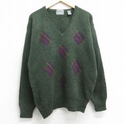 L★古着 長袖 セーター メンズ 00年代 00s アーガイル ラムウール Vネック 濃緑 グリーン 25feb01 中古 ニット トップス