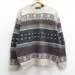 【50%OFF】L★古着 長袖 セーター メンズ 90年代 90s ウール クルーネック 薄ベージュ他 カーキ 25feb01 中古 ニット トップス
