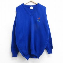 M★古着 長袖 セーター メンズ 90年代 90s ゴルフ アクリル Vネック アイルランド製 青 ブルー 25feb01 中古 ニット トップス