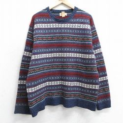 XL★古着 アメリカンイーグル American Eagle 長袖 セーター メンズ 00年代 00s フェアアイル ラムウール クルーネック 紺他 ネイビー 25feb01 中古 ニット トップス