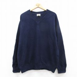 XL★古着 エルエルビーン LLBEAN 長袖 セーター メンズ 00年代 00s 無地 ラムウール Vネック 紺 ネイビー 25feb04 中古 ニット トップス