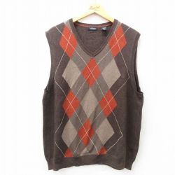 L★古着 バンヒューセン ニット ベスト メンズ アーガイル コットン Vネック 茶 ブラウン 25feb01 中古 トップス