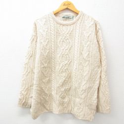 L★古着 長袖 アラン フィッシャーマン ケーブル セーター メンズ 90年代 90s メリノウール クルーネック アイルランド製 生成り 【spe】 25feb01 中古 ニット トップス