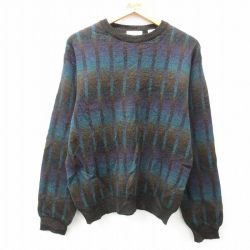 L★古着 長袖 セーター メンズ 00年代 00s ウール クルーネック 茶他 ブラウン ストライプ 25feb01 中古 ニット トップス