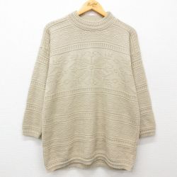 L★古着 ベーシックエディションズ 長袖 ノルディック セーター メンズ 90年代 90s 雪柄 アクリル クルーネック USA製 ベージュ カーキ 25feb01 中古 ニット トップス