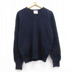 【50%OFF】M★古着 長袖 セーター メンズ 80年代 80s 無地 ラムウール Vネック イングランド製 紺 ネイビー 25feb03 中古 ニット トップス
