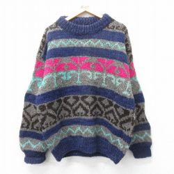 XL★古着 長袖 セーター メンズ ウール クルーネック エクアドル製 紺他 ネイビー 【spe】 25feb03 中古 ニット トップス