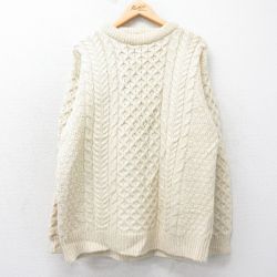 XL★古着 長袖 アラン フィッシャーマン ケーブル セーター メンズ 90年代 90s ウール クルーネック アイルランド製 生成り 【spe】 25feb03 中古 ニット トップス