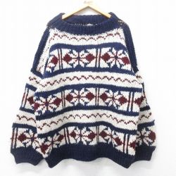 XL★古着 長袖 ノルディック セーター メンズ 雪柄 大きいサイズ ウール クルーネック エクアドル製 紺他 ネイビー 【spe】 25feb03 中古 ニット トップス