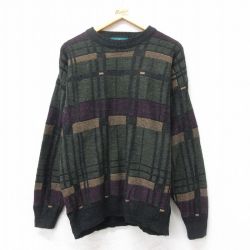 【50%OFF】L★古着 長袖 セーター メンズ 00年代 00s クルーネック 緑他 グリーン チェック 25feb03 中古 ニット トップス