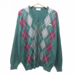 XL★古着 ラコステ LACOSTE 長袖 ブランド セーター メンズ 90年代 90s ワンポイントロゴ アーガイル ウール Vネック 緑他 グリーン 25feb03 中古 ニット トップス