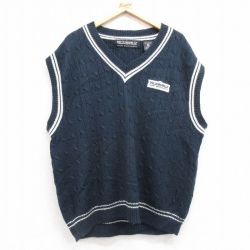 XL★古着 ペレペレマークギャナン チルデン ケーブル ニット ベスト メンズ ワンポイントロゴ Vネック 紺他 ネイビー 25feb03 中古 トップス