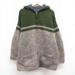 XL★古着 長袖 フルジップ ニット カーディガン パーカー メンズ 00年代 00s ウール 緑他 グリーン 内側フリース 25feb03 中古 トップス