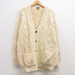 XL★古着 長袖 アラン フィッシャーマン ケーブル ニット カーディガン メンズ 00年代 00s ウール アイルランド製 生成り 【spe】 25feb03 中古 トップス