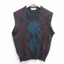【50%OFF】M★古着 エルエルビーン LLBEAN ニット ベスト メンズ 80年代 80s アーガイル ラムウール Vネック スコットランド製 濃グレー 25feb04 中古 トップス