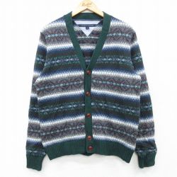 M★古着 トミーヒルフィガー TOMMY HILFIGER 長袖 ニット カーディガン メンズ 緑他 グリーン ストライプ 25feb05 中古 トップス