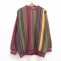 【50%OFF】L★古着 長袖 セーター メンズ 90年代 90s コットン クルーネック USA製 緑系他 グリーン ストライプ 【spe】 25feb05 中古 ニット トップス