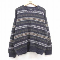 L★古着 セントジョンズベイ 長袖 セーター メンズ 90年代 90s フェアアイル クルーネック USA製 紺他 ネイビー 【spe】 25feb05 中古 ニット トップス