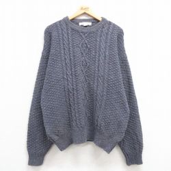 L★古着 長袖 ケーブル セーター メンズ 90年代 90s コットン クルーネック USA製 紺系他 ネイビー 25feb05 中古 ニット トップス