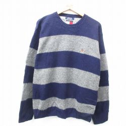 L★古着 トミーヒルフィガー TOMMY HILFIGER 長袖 ブランド セーター メンズ 90年代 90s ワンポイントロゴ シェットランドウール クルーネック 紺他 ネイビー ボーダー 25feb05 中古 ニット トップス