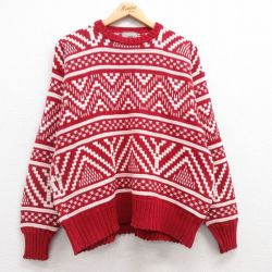 【50%OFF】L★古着 長袖 セーター メンズ 90年代 90s コットン クルーネック USA製 赤他 レッド 25feb06 中古 ニット トップス