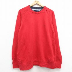 【50%OFF】XL★古着 トミーヒルフィガー TOMMY HILFIGER 長袖 ブランド セーター メンズ ワンポイントロゴ コットン クルーネック 赤 レッド 25feb06 中古 ニット トップス