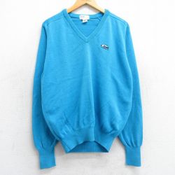 L★古着 IZOD 長袖 セーター メンズ 90年代 90s ヨット ラグラン コットン Vネック USA製 水色 25feb06 中古 ニット トップス
