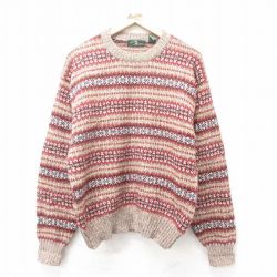 L★古着 長袖 セーター メンズ 90年代 90s シェットランドウール クルーネック エンジ他 25feb08 中古 ニット トップス