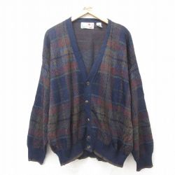 XL★古着 長袖 ニット カーディガン メンズ 90年代 90s イタリア製 紺他 ネイビー チェック 25feb08 中古 トップス