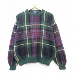 XL★古着 ノーティカ NAUTICA 長袖 ブランド セーター メンズ 90年代 90s コットン クルーネック 緑他 グリーン チェック 【spe】 25feb08 中古 ニット トップス