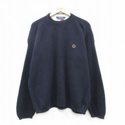 XL★古着 トミーヒルフィガー TOMMY HILFIGER 長袖 ブランド セーター メンズ 90年代 90s ワンポイントロゴ コットン クルーネック 紺 ネイビー 25feb08 中古 ニット トップス